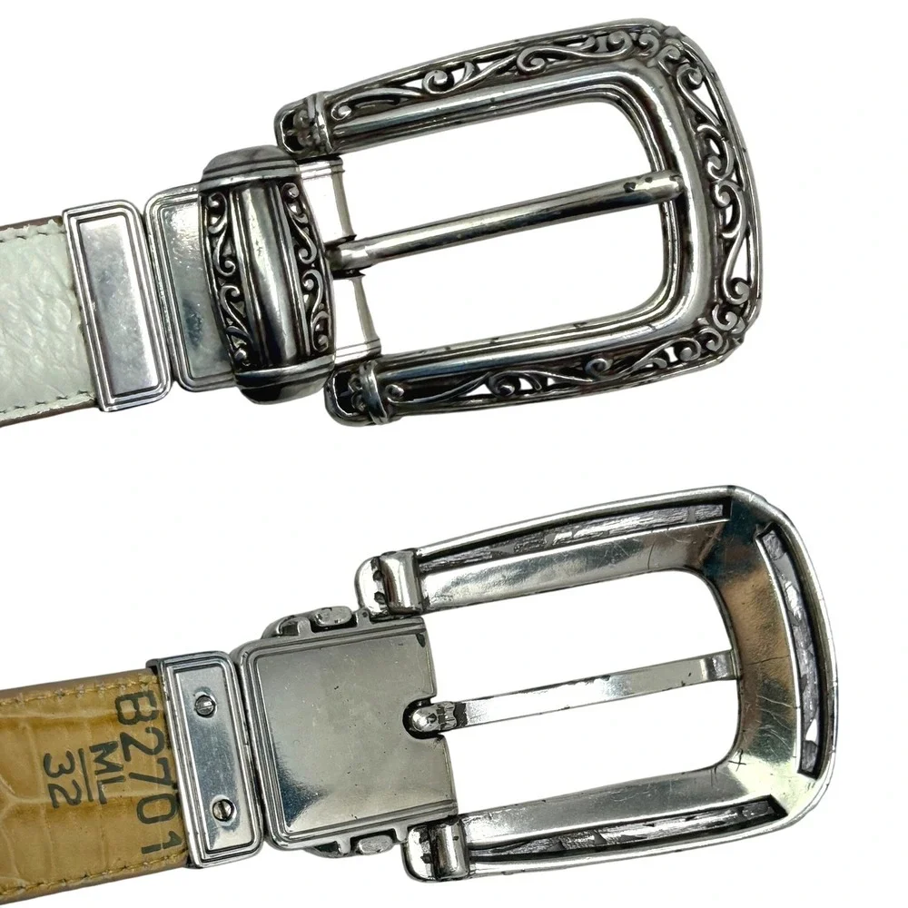 VTG Brighton‎ Reversible Belt 32 M/L White Tan Crocodile Embossed Leather Ornate